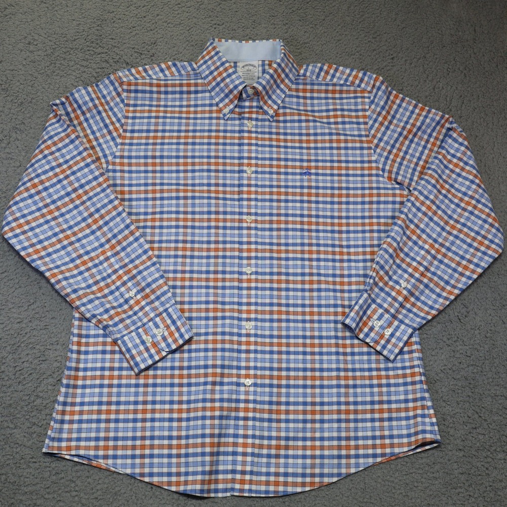 Brooks Brothers‎ Regent Fit Shirt Mens Large Blue Orange Plaid Non-Iron Stretch